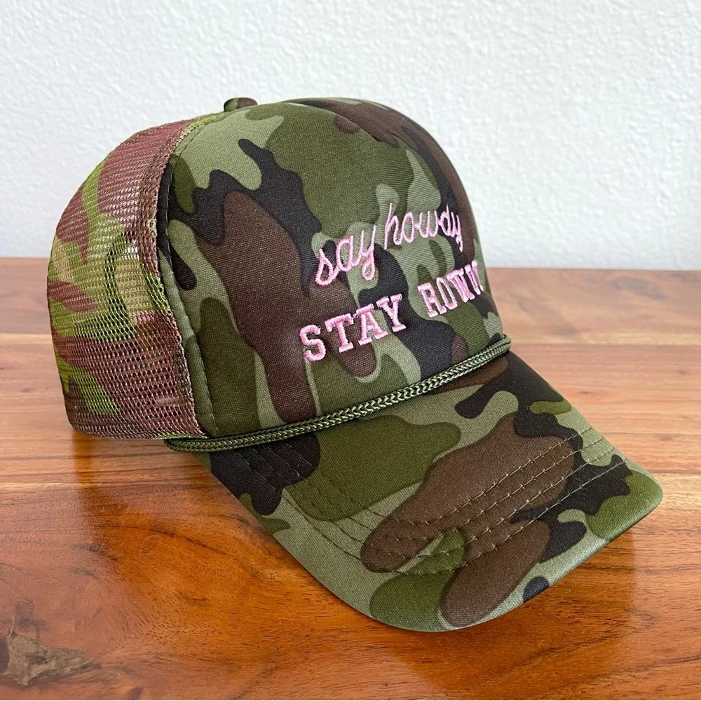 Camo Trucker Hat Embroidered Say Howdy Stay Rowdy Western Coastal Cowboy New